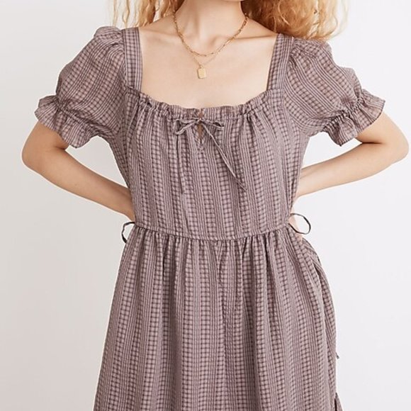 153 Madewell Square-Neck Tiered Midi Dress in Textured Seersucker Fig sz XXL - Picture 5 of 10
